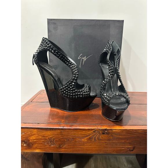 Giuseppe Zanotti Black Suede Studded Peep-Toe Wedge Platforms – Size 38.5 | - Picture 1 of 4